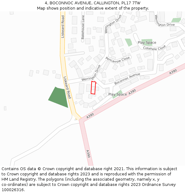 4, BOCONNOC AVENUE, CALLINGTON, PL17 7TW: Location map and indicative extent of plot