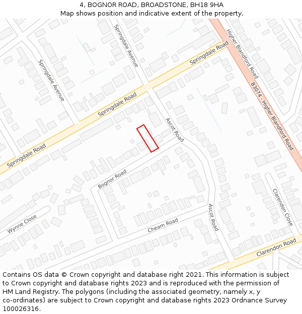 4, BOGNOR ROAD, BROADSTONE, BH18 9HA: Location map and indicative extent of plot