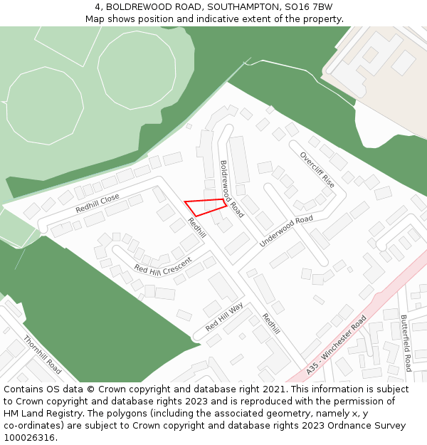 4, BOLDREWOOD ROAD, SOUTHAMPTON, SO16 7BW: Location map and indicative extent of plot