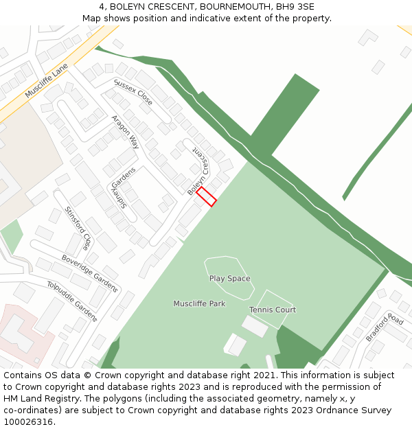 4, BOLEYN CRESCENT, BOURNEMOUTH, BH9 3SE: Location map and indicative extent of plot