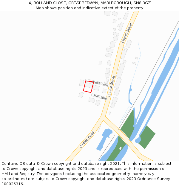 4, BOLLAND CLOSE, GREAT BEDWYN, MARLBOROUGH, SN8 3GZ: Location map and indicative extent of plot