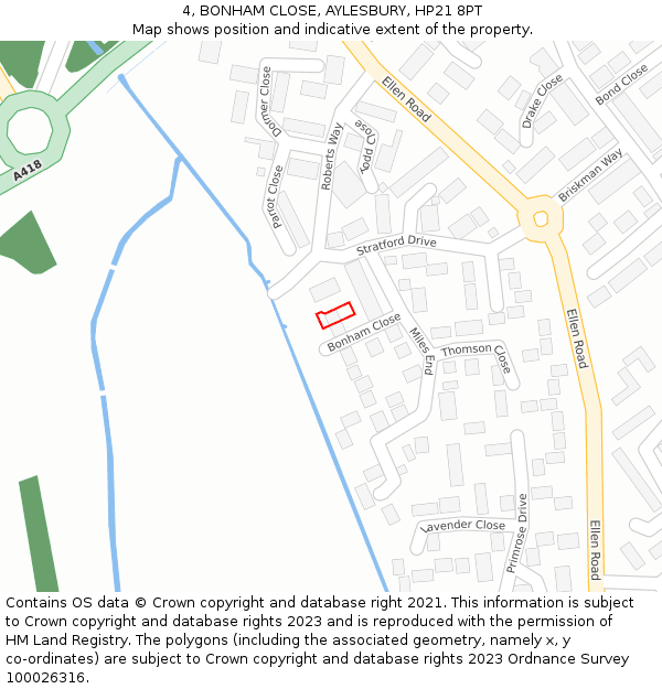 4, BONHAM CLOSE, AYLESBURY, HP21 8PT: Location map and indicative extent of plot