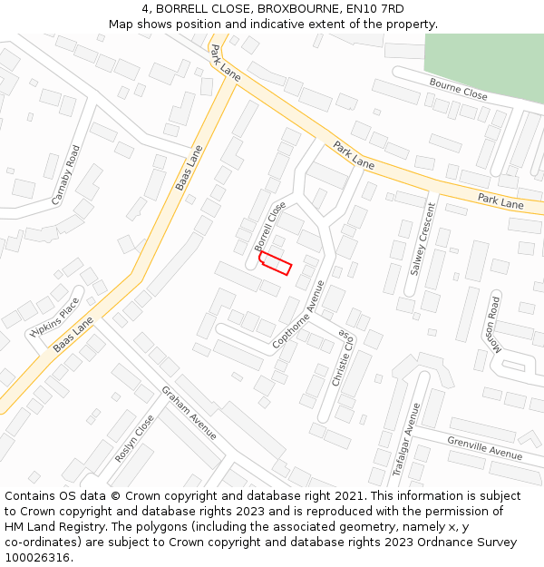 4, BORRELL CLOSE, BROXBOURNE, EN10 7RD: Location map and indicative extent of plot