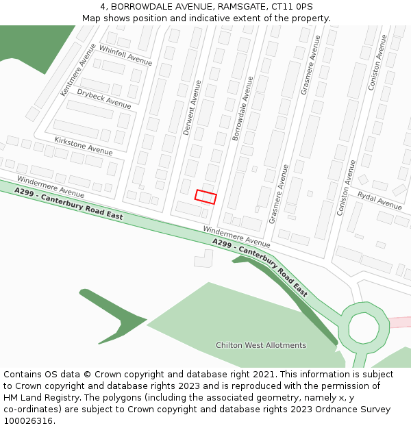 4, BORROWDALE AVENUE, RAMSGATE, CT11 0PS: Location map and indicative extent of plot