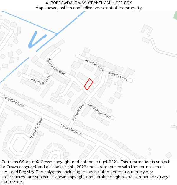 4, BORROWDALE WAY, GRANTHAM, NG31 8QX: Location map and indicative extent of plot