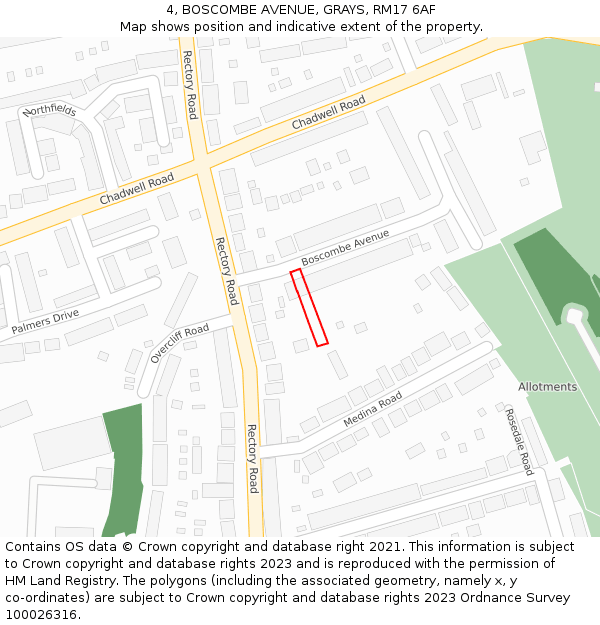 4, BOSCOMBE AVENUE, GRAYS, RM17 6AF: Location map and indicative extent of plot