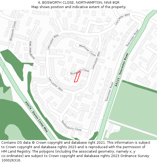 4, BOSWORTH CLOSE, NORTHAMPTON, NN4 8QR: Location map and indicative extent of plot