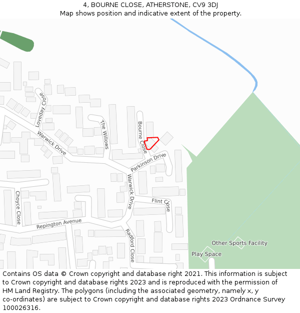 4, BOURNE CLOSE, ATHERSTONE, CV9 3DJ: Location map and indicative extent of plot