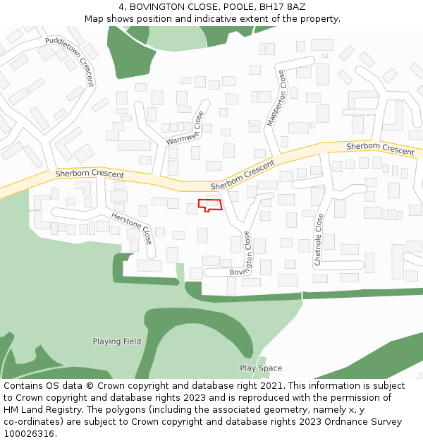4, BOVINGTON CLOSE, POOLE, BH17 8AZ: Location map and indicative extent of plot