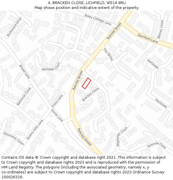 4, BRACKEN CLOSE, LICHFIELD, WS14 9RU: Location map and indicative extent of plot