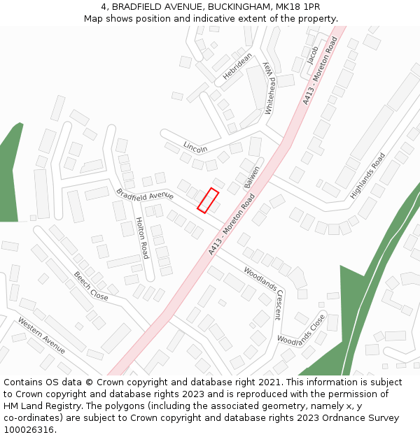 4, BRADFIELD AVENUE, BUCKINGHAM, MK18 1PR: Location map and indicative extent of plot