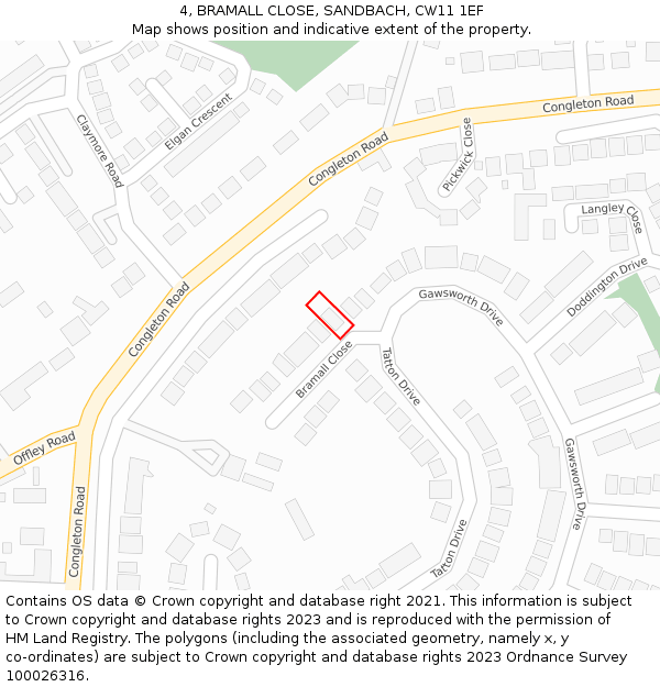 4, BRAMALL CLOSE, SANDBACH, CW11 1EF: Location map and indicative extent of plot