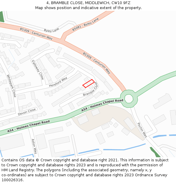 4, BRAMBLE CLOSE, MIDDLEWICH, CW10 9FZ: Location map and indicative extent of plot