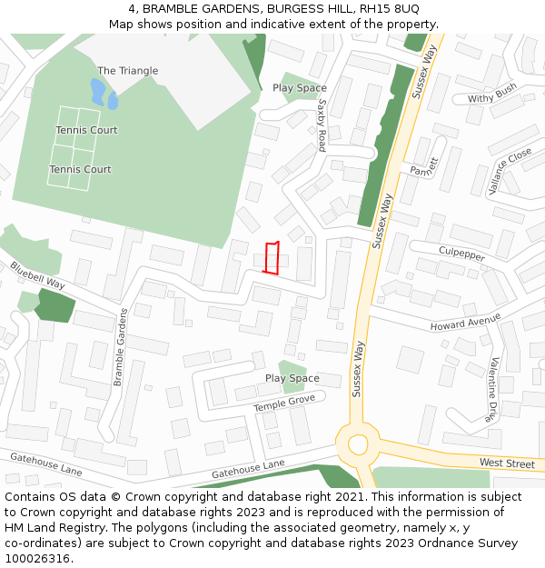4, BRAMBLE GARDENS, BURGESS HILL, RH15 8UQ: Location map and indicative extent of plot