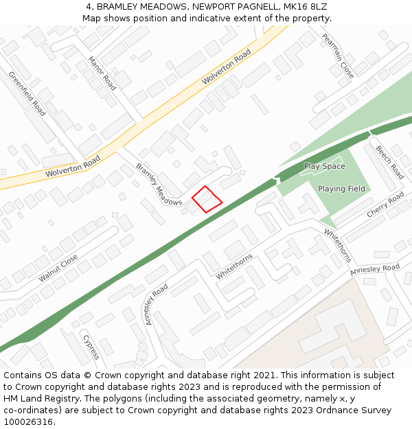 4, BRAMLEY MEADOWS, NEWPORT PAGNELL, MK16 8LZ: Location map and indicative extent of plot