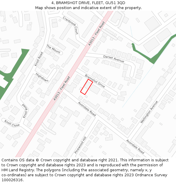 4, BRAMSHOT DRIVE, FLEET, GU51 3QD: Location map and indicative extent of plot