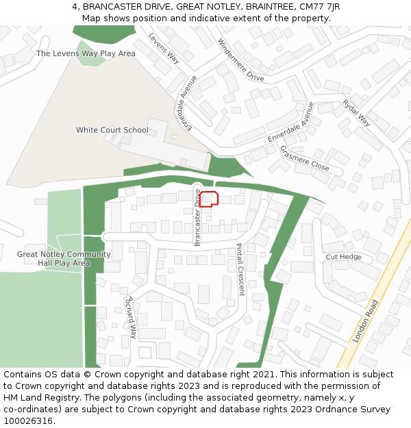 4, BRANCASTER DRIVE, GREAT NOTLEY, BRAINTREE, CM77 7JR: Location map and indicative extent of plot