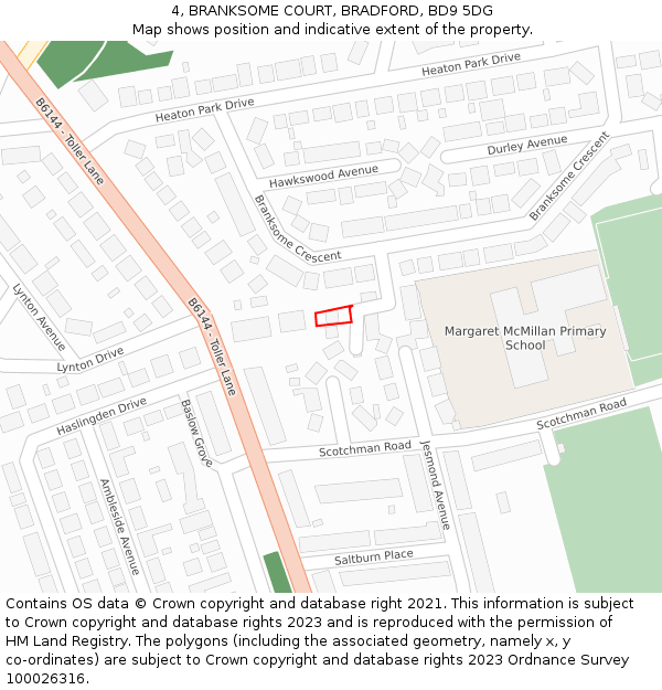 4, BRANKSOME COURT, BRADFORD, BD9 5DG: Location map and indicative extent of plot