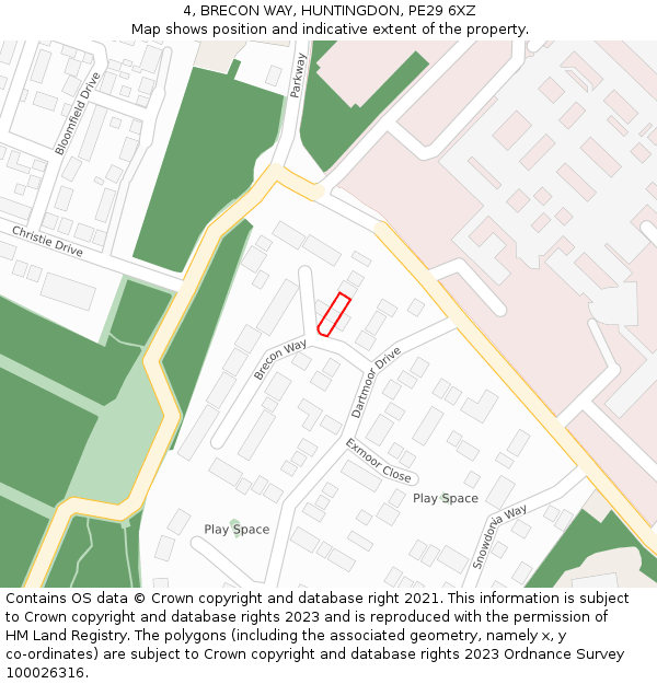 4, BRECON WAY, HUNTINGDON, PE29 6XZ: Location map and indicative extent of plot