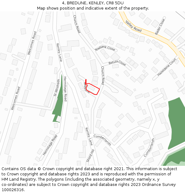 4, BREDUNE, KENLEY, CR8 5DU: Location map and indicative extent of plot