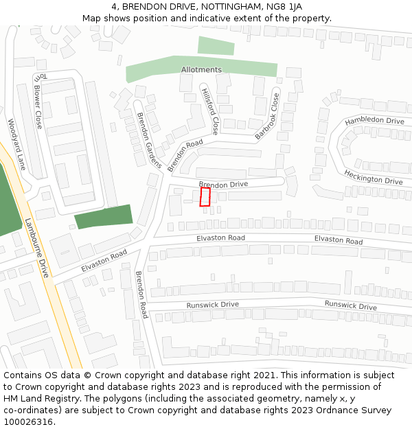 4, BRENDON DRIVE, NOTTINGHAM, NG8 1JA: Location map and indicative extent of plot