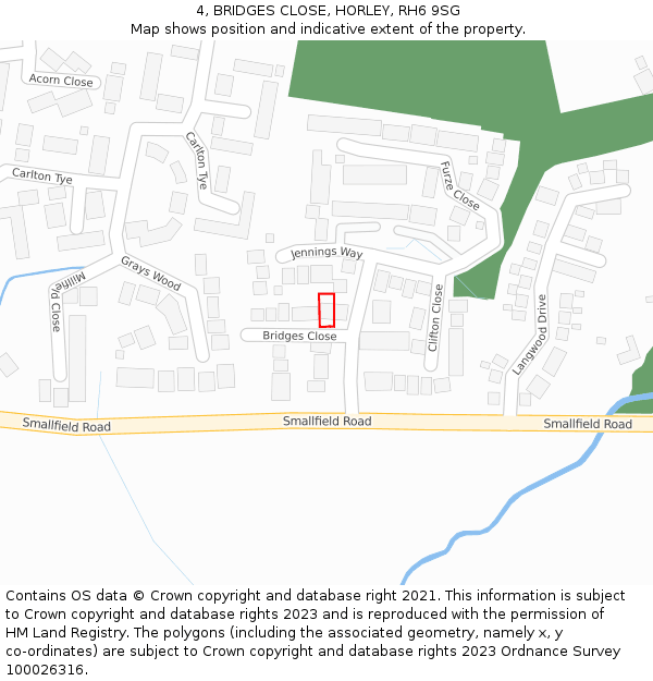4, BRIDGES CLOSE, HORLEY, RH6 9SG: Location map and indicative extent of plot