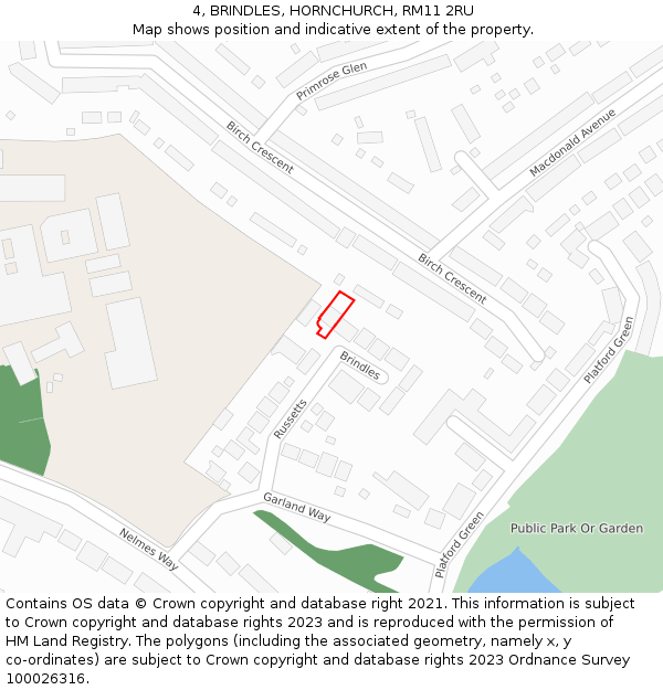 4, BRINDLES, HORNCHURCH, RM11 2RU: Location map and indicative extent of plot