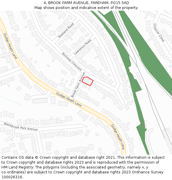 4, BROOK FARM AVENUE, FAREHAM, PO15 5AD: Location map and indicative extent of plot