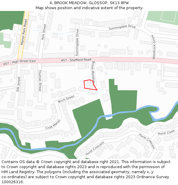 4, BROOK MEADOW, GLOSSOP, SK13 8PW: Location map and indicative extent of plot