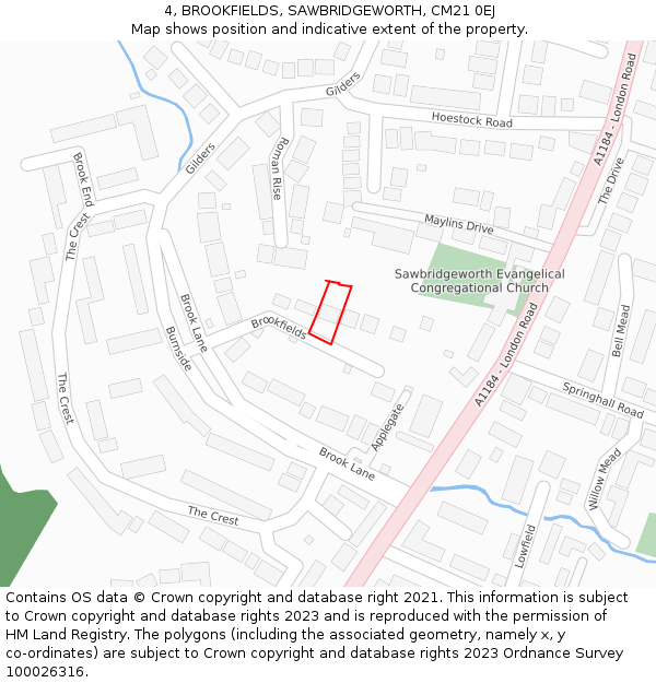4, BROOKFIELDS, SAWBRIDGEWORTH, CM21 0EJ: Location map and indicative extent of plot