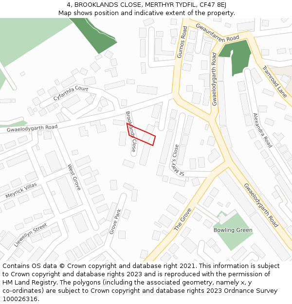 4, BROOKLANDS CLOSE, MERTHYR TYDFIL, CF47 8EJ: Location map and indicative extent of plot