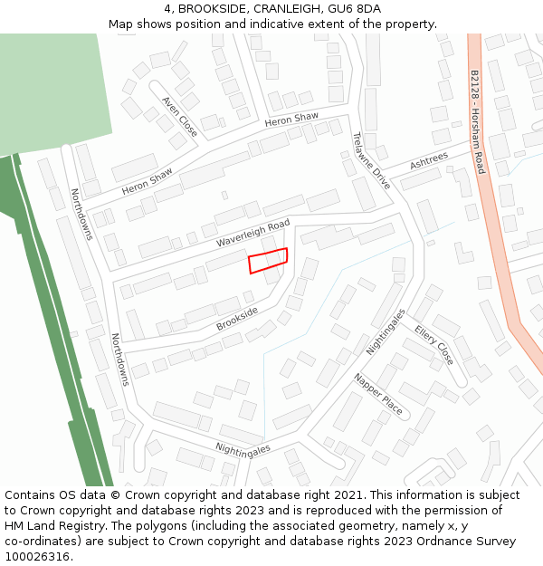 4, BROOKSIDE, CRANLEIGH, GU6 8DA: Location map and indicative extent of plot