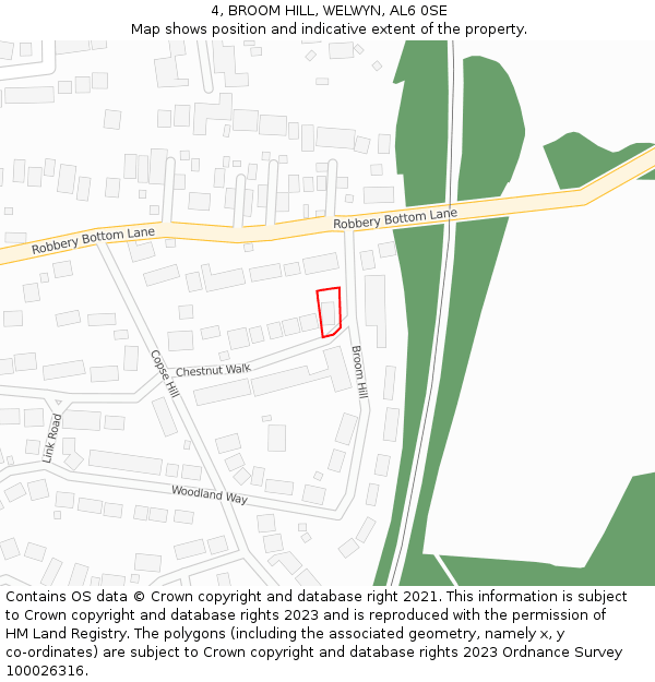 4, BROOM HILL, WELWYN, AL6 0SE: Location map and indicative extent of plot