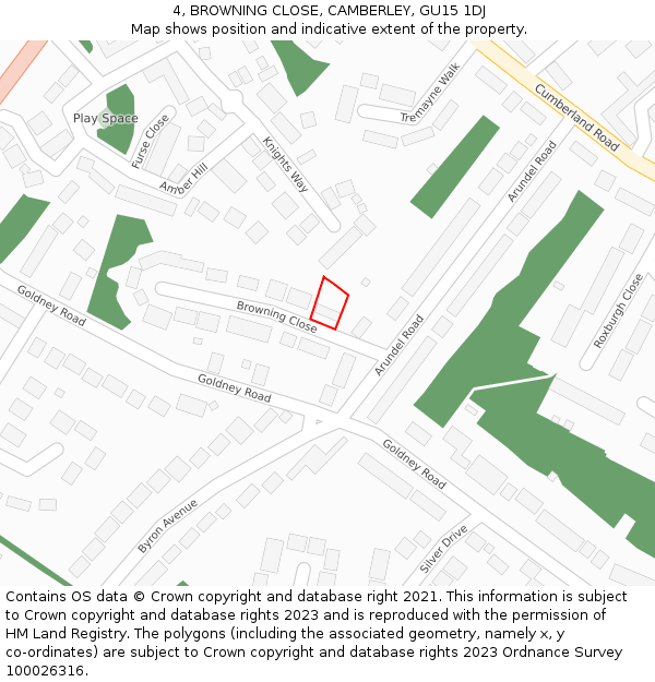 4, BROWNING CLOSE, CAMBERLEY, GU15 1DJ: Location map and indicative extent of plot