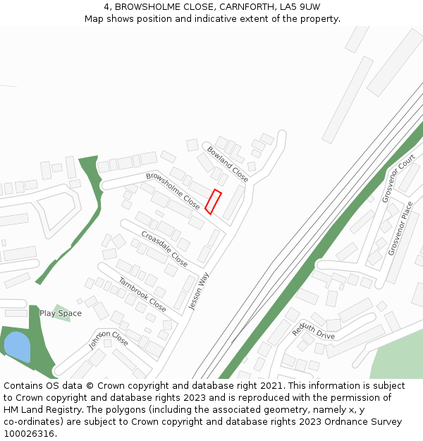 4, BROWSHOLME CLOSE, CARNFORTH, LA5 9UW: Location map and indicative extent of plot