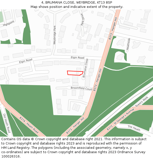 4, BRUMANA CLOSE, WEYBRIDGE, KT13 8SP: Location map and indicative extent of plot
