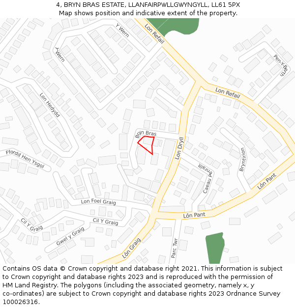 4, BRYN BRAS ESTATE, LLANFAIRPWLLGWYNGYLL, LL61 5PX: Location map and indicative extent of plot