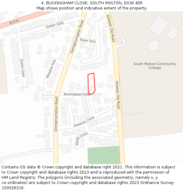 4, BUCKINGHAM CLOSE, SOUTH MOLTON, EX36 4ER: Location map and indicative extent of plot