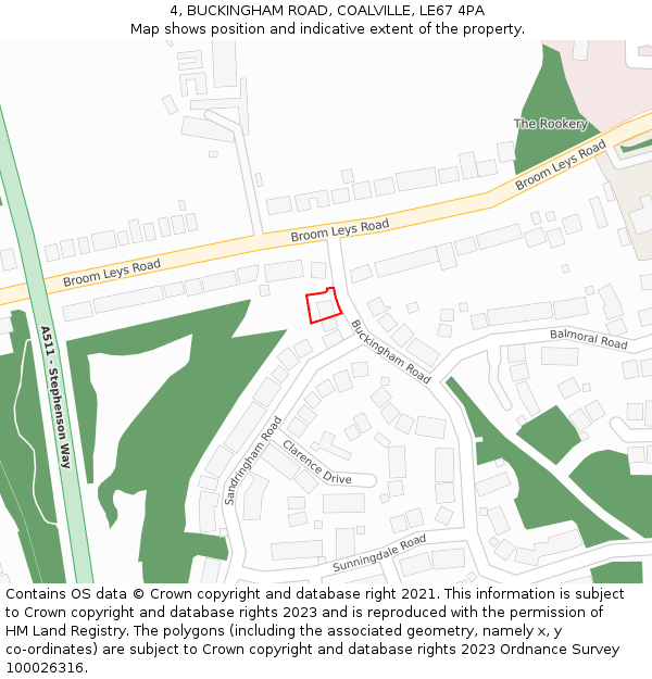 4, BUCKINGHAM ROAD, COALVILLE, LE67 4PA: Location map and indicative extent of plot
