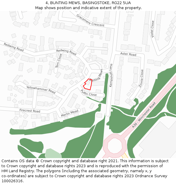 4, BUNTING MEWS, BASINGSTOKE, RG22 5UA: Location map and indicative extent of plot