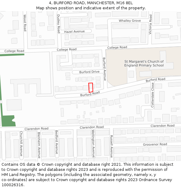 4, BURFORD ROAD, MANCHESTER, M16 8EL: Location map and indicative extent of plot