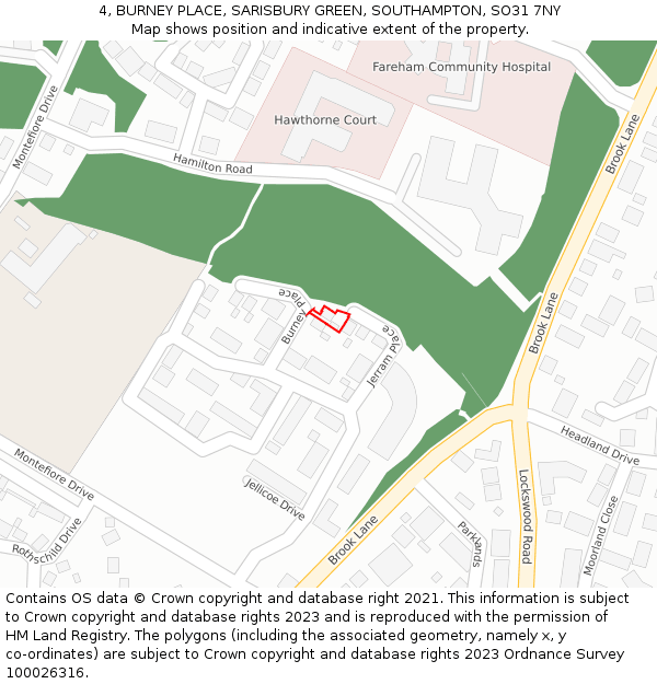 4, BURNEY PLACE, SARISBURY GREEN, SOUTHAMPTON, SO31 7NY: Location map and indicative extent of plot