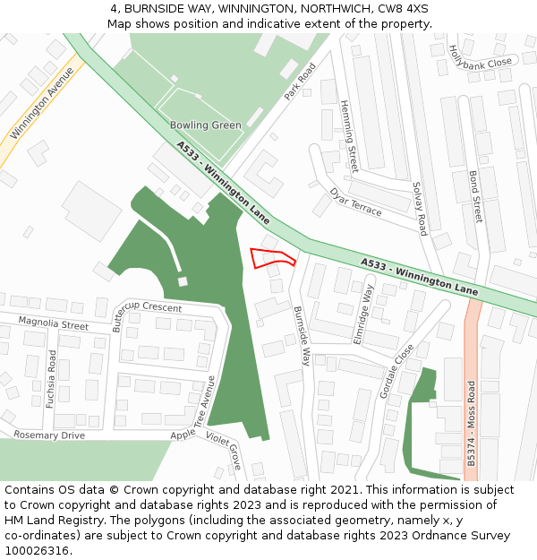 4, BURNSIDE WAY, WINNINGTON, NORTHWICH, CW8 4XS: Location map and indicative extent of plot