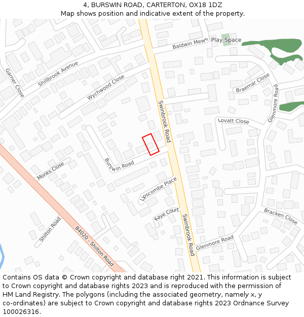 4, BURSWIN ROAD, CARTERTON, OX18 1DZ: Location map and indicative extent of plot
