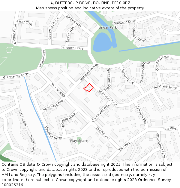 4, BUTTERCUP DRIVE, BOURNE, PE10 0PZ: Location map and indicative extent of plot