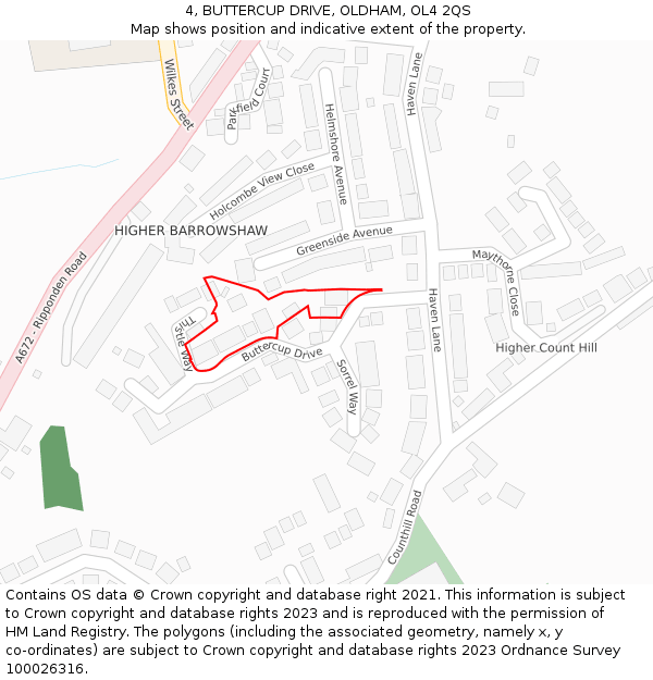 4, BUTTERCUP DRIVE, OLDHAM, OL4 2QS: Location map and indicative extent of plot