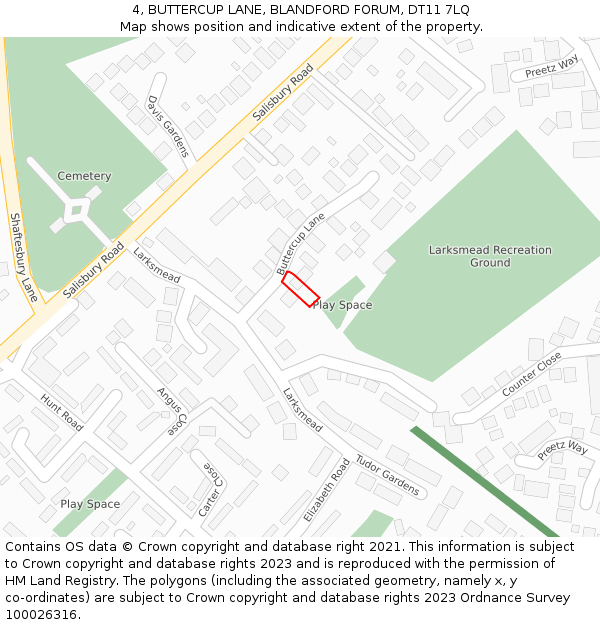 4, BUTTERCUP LANE, BLANDFORD FORUM, DT11 7LQ: Location map and indicative extent of plot