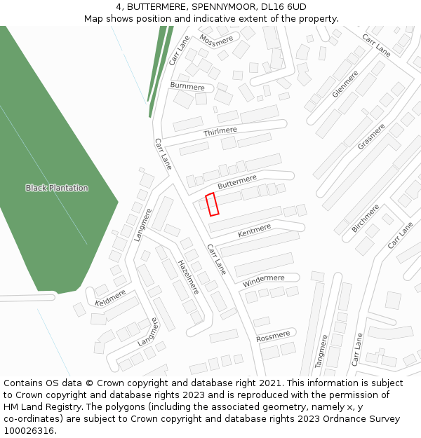 4, BUTTERMERE, SPENNYMOOR, DL16 6UD: Location map and indicative extent of plot