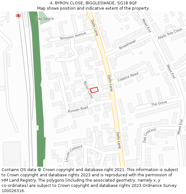 4, BYRON CLOSE, BIGGLESWADE, SG18 8QF: Location map and indicative extent of plot