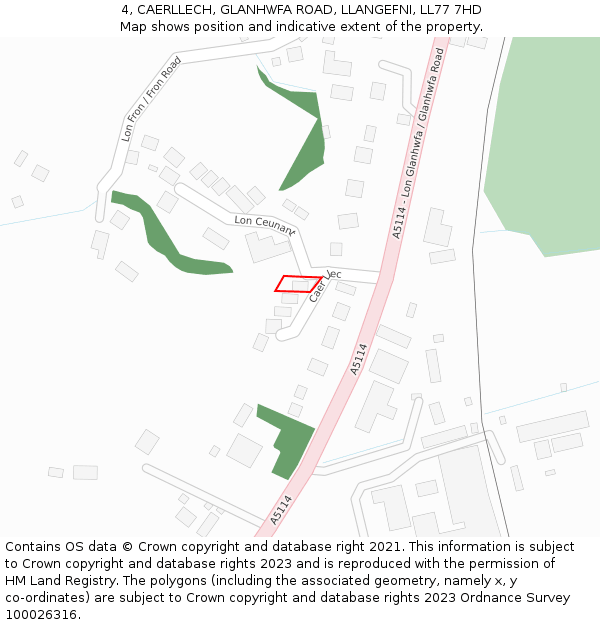 4, CAERLLECH, GLANHWFA ROAD, LLANGEFNI, LL77 7HD: Location map and indicative extent of plot